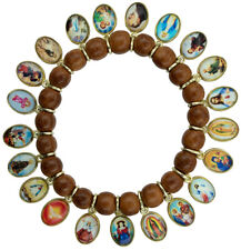 Solid Wood Beads Catholic Bracelet 21 Antique Gold Medals of Mary, Jesus, Saints picture