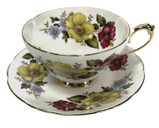 Antique Royal Sutherland Teacup & Saucer Bone China England Red Yellow Flowers picture