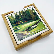 Vintage Set of 4 Golf Course Coasters & Holder - Stoneware with Cork Backing picture
