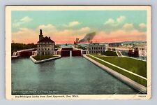 Soo MI-Michigan, Soo Michigan Locks from East Approach, Vintage Postcard picture