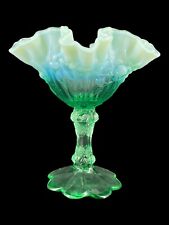 Vtg Fenton Art Glass Green Opalescent Candy Dish Compote Cabbage Rose Motif EX+ picture