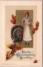1914 Winsch Schmucker Embossed THANKSGIVING Postcard Farm Lady / Big Turkey picture