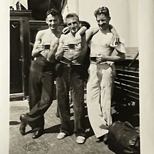 Vintage B&W Snapshot Photograph Handsome Young Sailors Men Shirtless Gay Int picture