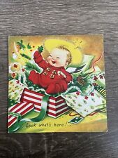 Vintage Christmas Card Baby In Unwrapped Present Box, Used picture