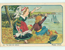 Unused Pre-Linen foreign GIRL AND BOY WAVE TO RETURNING SAILBOAT BOAT J5192 picture