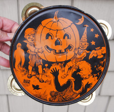 Vtg Halloween Tambourine Tin Noise Maker JOL Pumpkin Chein picture