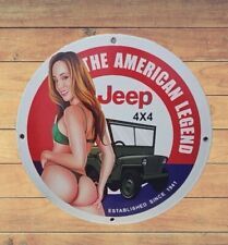 WILLYS JEEP PORCELAIN ENAMEL PINUP NAKED GIRL GAS OIL GARAGE SERVICE PUMP SIGN picture