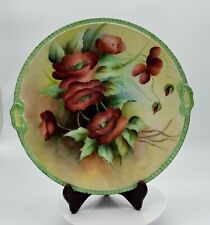 Antique Hand Painted Porcelain Serving Plate - Red Poppies & Green Trim by H.E.R picture