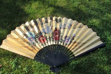 Antique Oriental Folding Fan Sumi-e-ink Asian Cranes Pine Tree Peony Large 40x69 picture