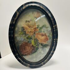 Antique Oval Wood Frame Bubble Glass Floral Roses Print Picture Wall Decor picture
