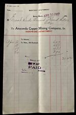 Antique 1907 ANACONDA COPPER MINING Company Invoice BUTTE MONTANA Bill Head picture