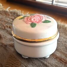 Vintage Hand Painted Ceramic Pink Rose Trinket Box with Lid 2” – Mid-Century picture