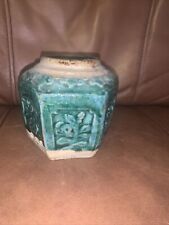 Antique Chinese 6 Sided Green Glazed Shiwan Ginger Jar 3” Earthenware Pottery picture