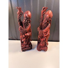 Vintage Pair Hand Carved Wood Shou Lao Statues Chinese God of Longevity 12.5" picture