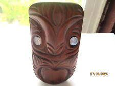 Vintage Maori Mask Figurine Paua shell eyes small New Zealand Hand Carved Timber picture