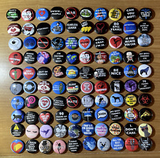 HUGE Lot of 100 Buttons Pins 80's 90's Vintage Style Funny Miscellaneous Lot #15 picture
