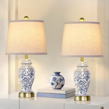 2pc Set 22" Blue White Porcelain Jar Lamp Brass Base Vintage Decor picture