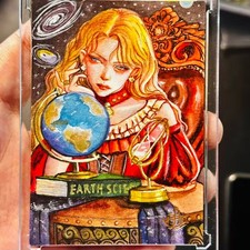One-of-One Hand-Drawn Scholar Girl with Globe & Cosmic Background, Signed by Art picture