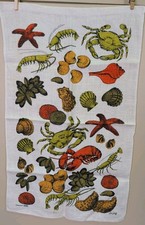 Vintage Lois Long Tea Towel Linen MCM Kay Dee Shellfish Lobster Coastal Beach picture