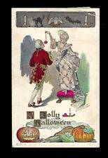 c1907 Fred Lounsbury Halloween Postcard Victorian Couple, JOL, Black Cat picture