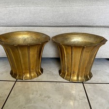 Pair Vintage Heavy Metal Gold Fluted Planters 10x13" Hollywood Regency Urns picture