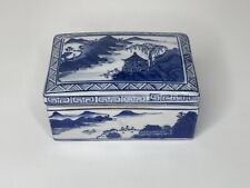 Chinese Porcelain Qianlong Mark Vintage Trinket Box Blue White Landscape Design picture