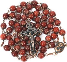 Red Carnelian Stone Beads Rosary Beaded Necklace Holy Soil & Cross Crucifix picture