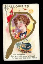 c1907 LSC Halloween Postcard Victorian Lady Reflection Witch in Red picture