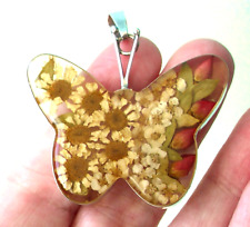 ❤❤ LARGE Vtg 1970s STERLING & Lucite Real DRIED FLOWERS Roses Butterfly PENDANT picture
