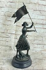Saint Joan of Arc Figurine w/ Flag Sculpture Statue 100% Pure Bronze Sculpture picture