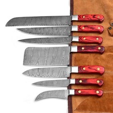 DAMASCUS BLADE 7 Pc's. KITCHEN KNIVES SET with roll bag. (ZE-1081-Red 7C picture