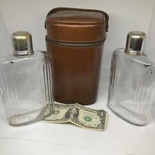 Vtg Double Glass Flasks W/ Zippered Leather Case. Travel Bar Camp picture