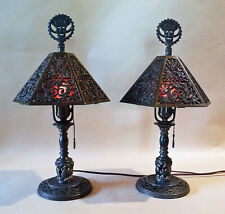 A PAIR OF SIGNED ANTIQUE OSCAR BACH BRONZE BOUDOIR ACCENT LAMPS COMEDY & TRAGEDY picture