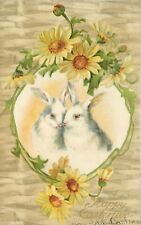 Embossed Easter Postcard; Cuddling White Rabbit Couple, Sunflower Vignette picture
