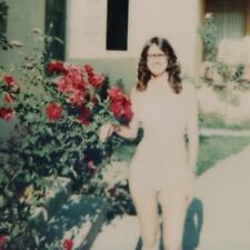 Vintage Polaroid Photo Cute Lady Bikini Posing Pretty Flowers Found Art Snapshot picture