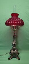 Vtg Antique Ruby Red Quilted Shade Tall Parlor Banquet Lamp Filigree Base 3-Way picture