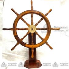 VINTAGE WOODEN SHIP WHEEL WITH NAUTICAL BRASS WORK CHRISTMAS GIFTS ITEM. picture