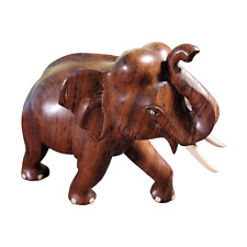 VINTAGE 1960 Indian rustic hand carved wood elephant realistic eyes tusk 4.5X3.5 picture