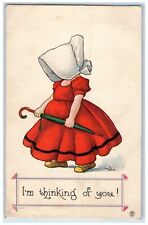 c1910's Little Girl Dress Red Bonnet I'm Thinking Of You Wall Antique Postcard picture