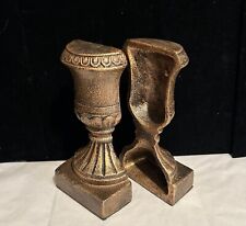 Vintage PAIR MCM Heavy Cast Iron Brass Urn Jardiniere Retro Gold Bookends picture