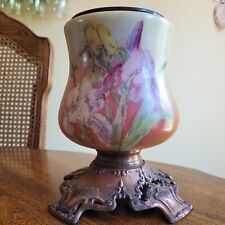 Antique Victorian Parlor Oil Lamp Base with Brass Metal Pedestal Iris Flowers picture