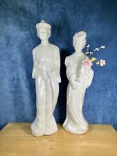 Vintage Pair Chinoiserie Statues Husband Wife Pearly White Glaze Oriental Figure picture
