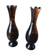 2 Vintage Metal Vases Bronze or Brass Fluted Assymetrical Brown Patina MCM Set picture