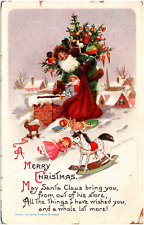 Merry Christmas Santa Claus in Green Coat Putting Toys in Chimney 1915 Postcard picture