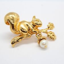 Avon Squirrel Brooch Pin Branch Dangling Faux Pearl Acorn Gold Tone picture