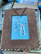 Vintage Native American Art  on Leather Hide Wrapped Frame 10.75”x8.5”inches picture