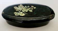 Vinatge Japanese Black Laquer Small Oval Shaped Box With Mother Of Pearl Inlay picture