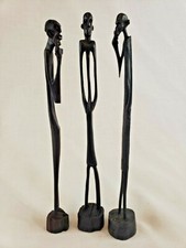 African 8" Hand Carved Wooden Statue Stick Figures Sculptures Tribal - Set of 3 picture