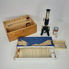 VINTAGE MICROSCOPE MADE IN JAPAN W/ WOODEN CASE Lots Of Slides Extras EUC picture