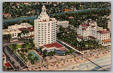Miami Beach Florida Versailles Hotel Oceanfront Aerial View Linen WOB Postcard picture